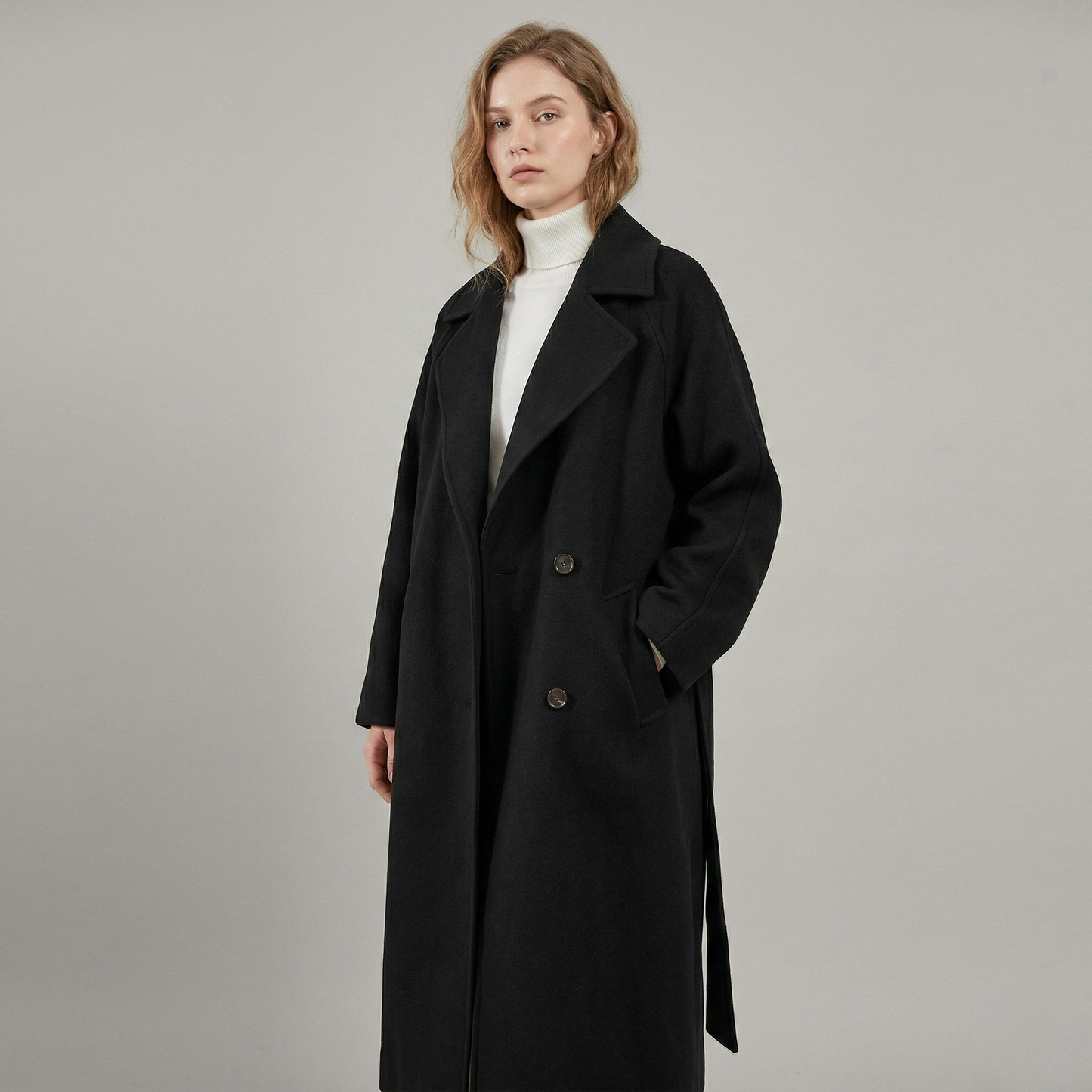 Vibonanza | Lange Wollen Trenchcoat Beige Met Ceintuur
