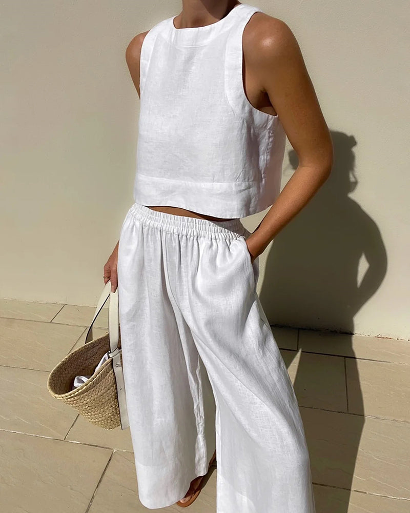 Vibonanza | Dames Linnen Crop Top en Wijde Broek Set Beige