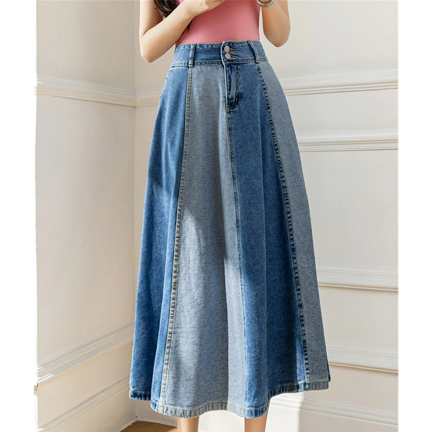 Vibonanza | Denim Kleurblok Midi Rok Hoge Taille