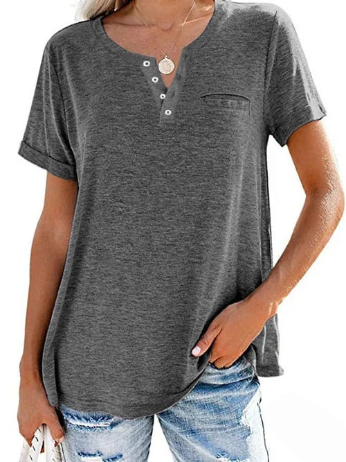Vibonanza | Dames Lichtblauwe Henley Shirt Korte Mouwen Katoen