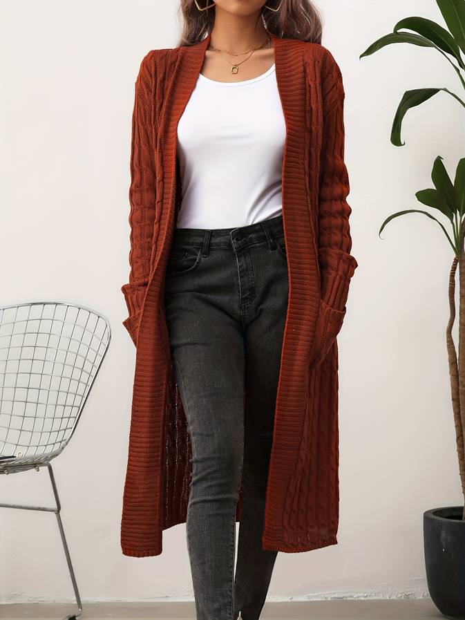 Vibonanza | Dames Lange Bruine Kabelpatroon Cardigan