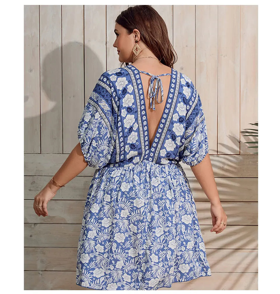 Vibonanza | Plus-Size Zomerjurk Bloemenprint Lichtblauw
