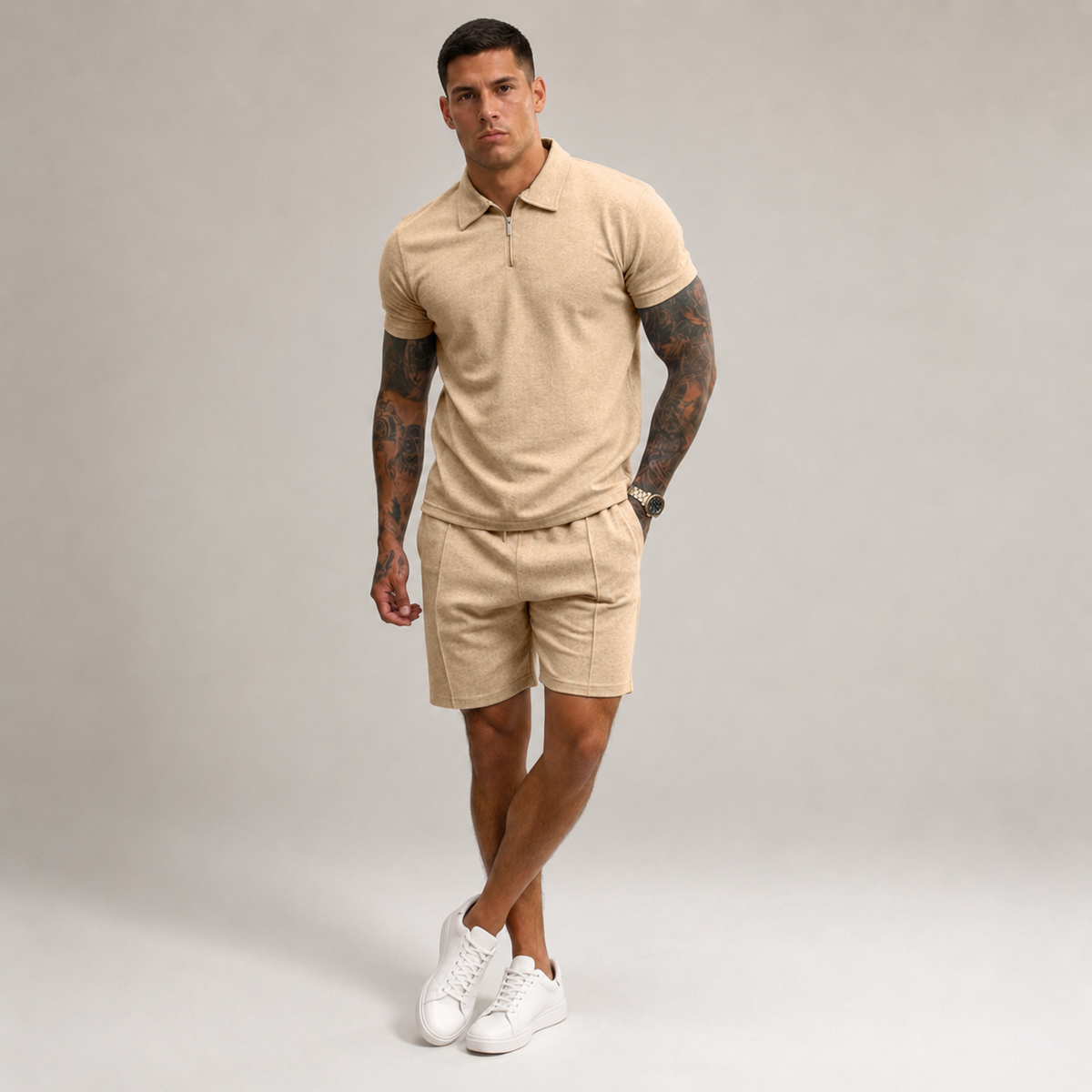Vibonanza | Zomerse Heren Polo en Short Set in Beige