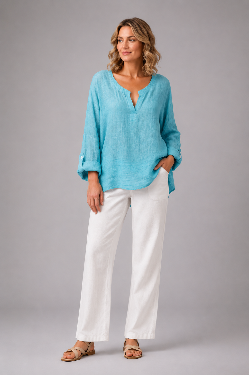 Vibonanza | Linnen Damesblouse Driekwart Mouw V-Hals