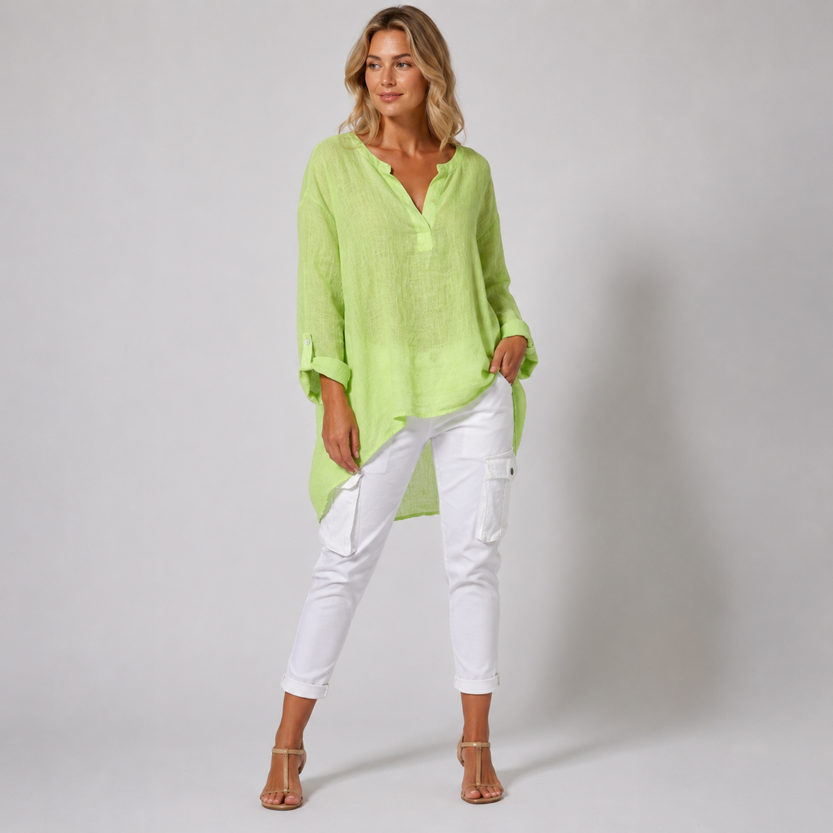 Vibonanza | Linnen Damesblouse Driekwart Mouw V-Hals