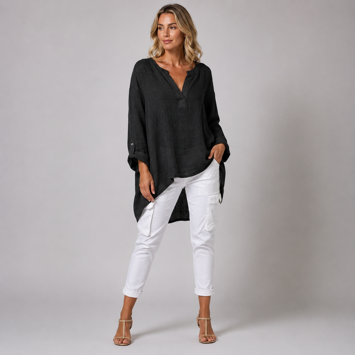 Vibonanza | Linnen Damesblouse Driekwart Mouw V-Hals