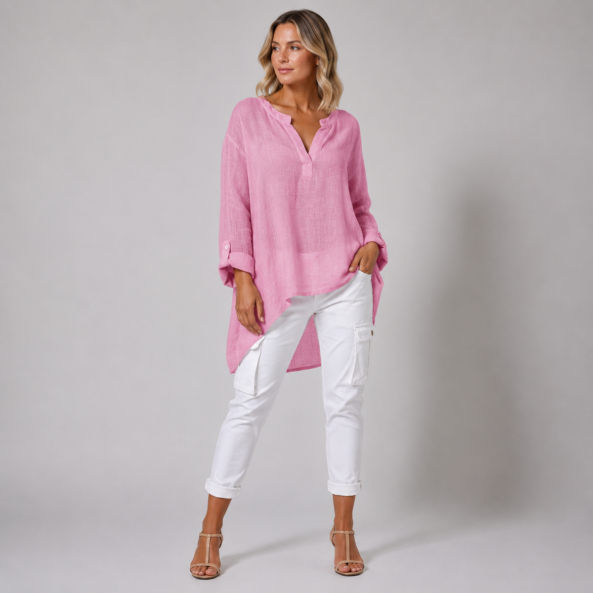 Vibonanza | Linnen Damesblouse Driekwart Mouw V-Hals