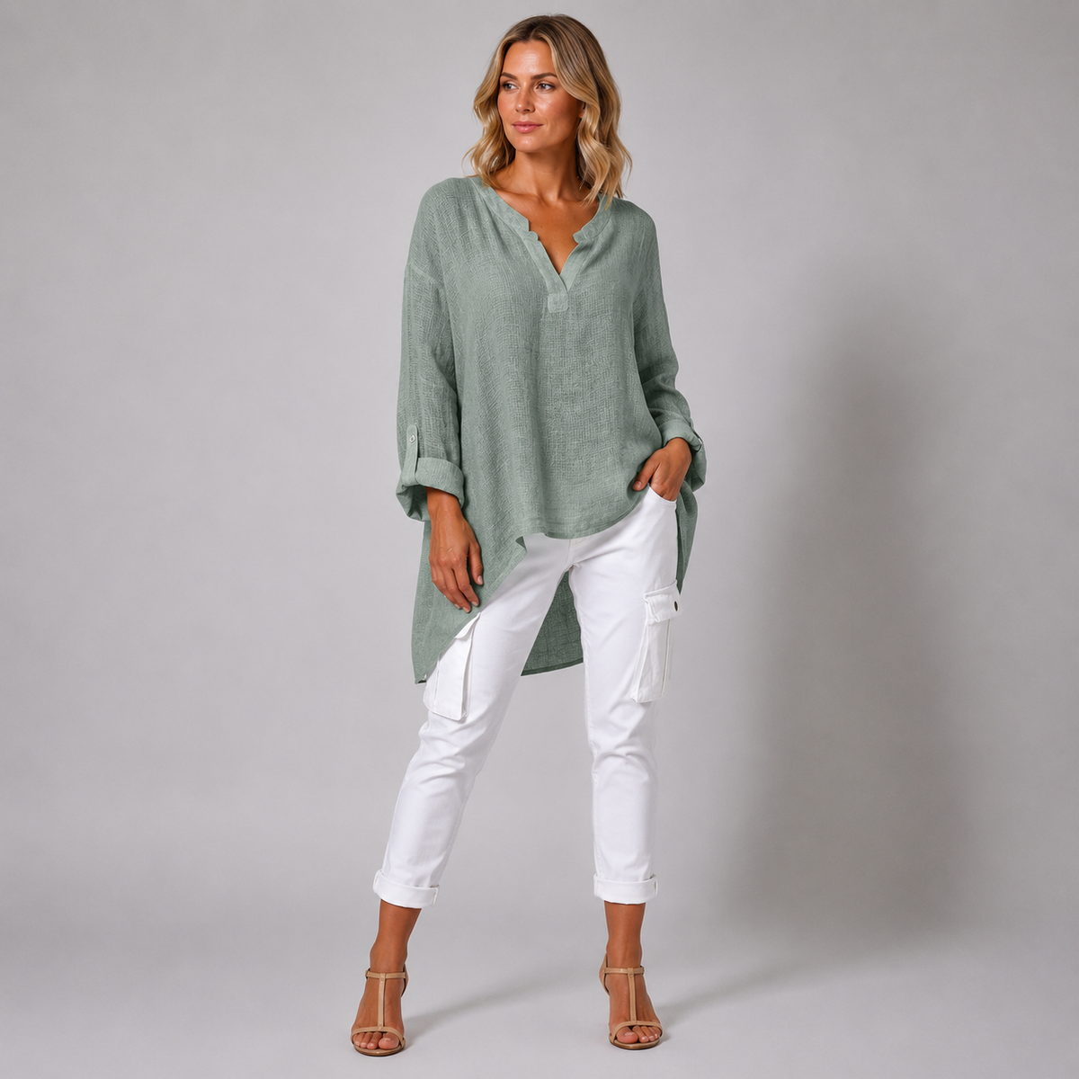 Vibonanza | Linnen Damesblouse Driekwart Mouw V-Hals