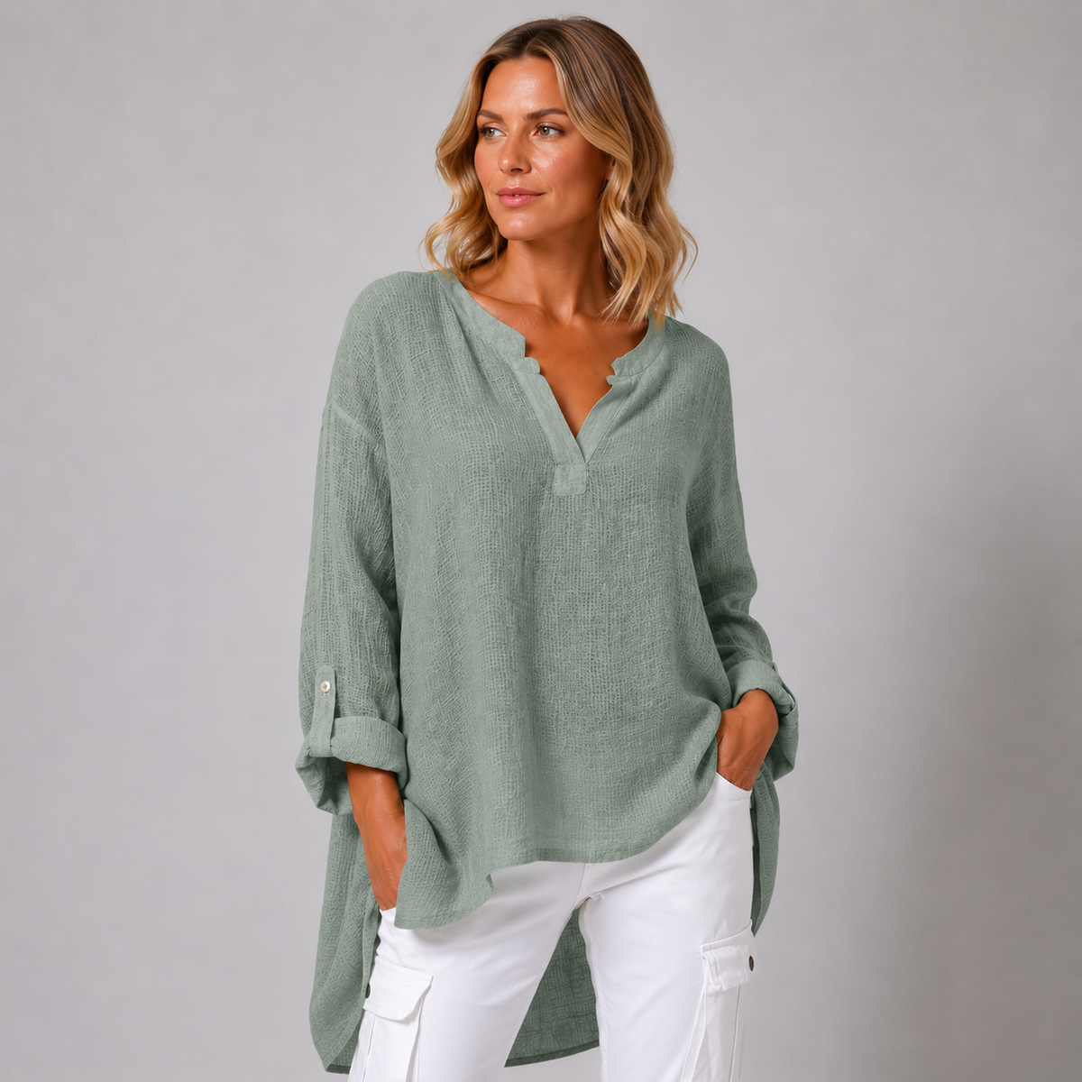 Vibonanza | Linnen Damesblouse Driekwart Mouw V-Hals