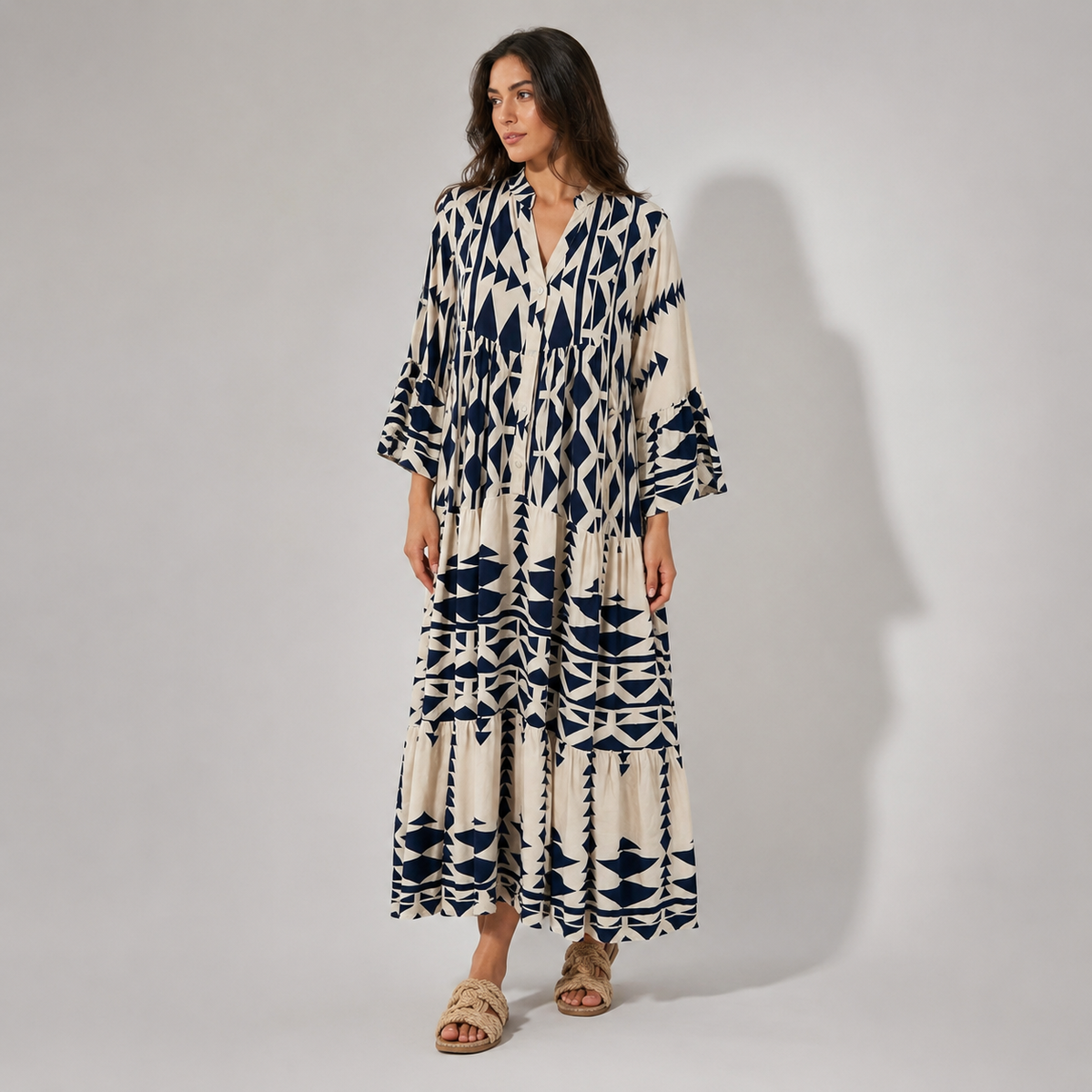 Vibonanza | Bohemian Maxi Jurk met V-Hals en Driekwart Mouwen