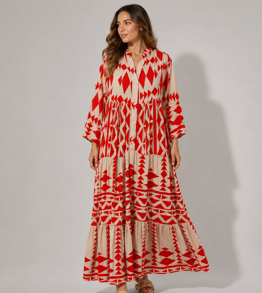 Vibonanza | Bohemian Maxi Jurk met V-Hals en Driekwart Mouwen