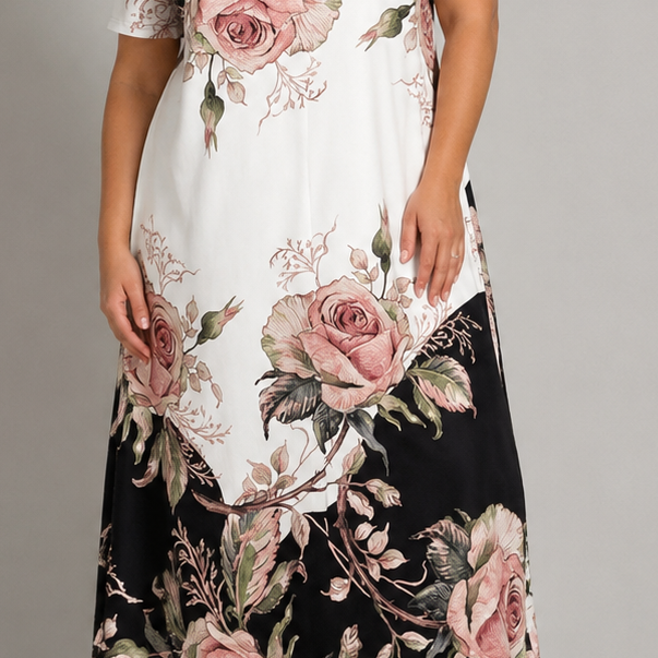 Vibonanza | Plus-Size Bloemenprint Maxi-Jurk met Korte Mouwen
