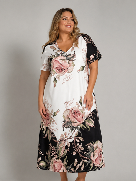 Vibonanza | Plus-Size Bloemenprint Maxi-Jurk met Korte Mouwen