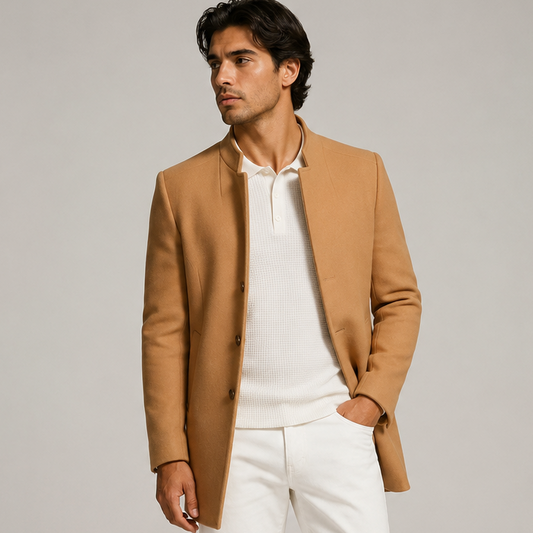 Vibonanza | Heren Wolmantel Camel Tweedstijl