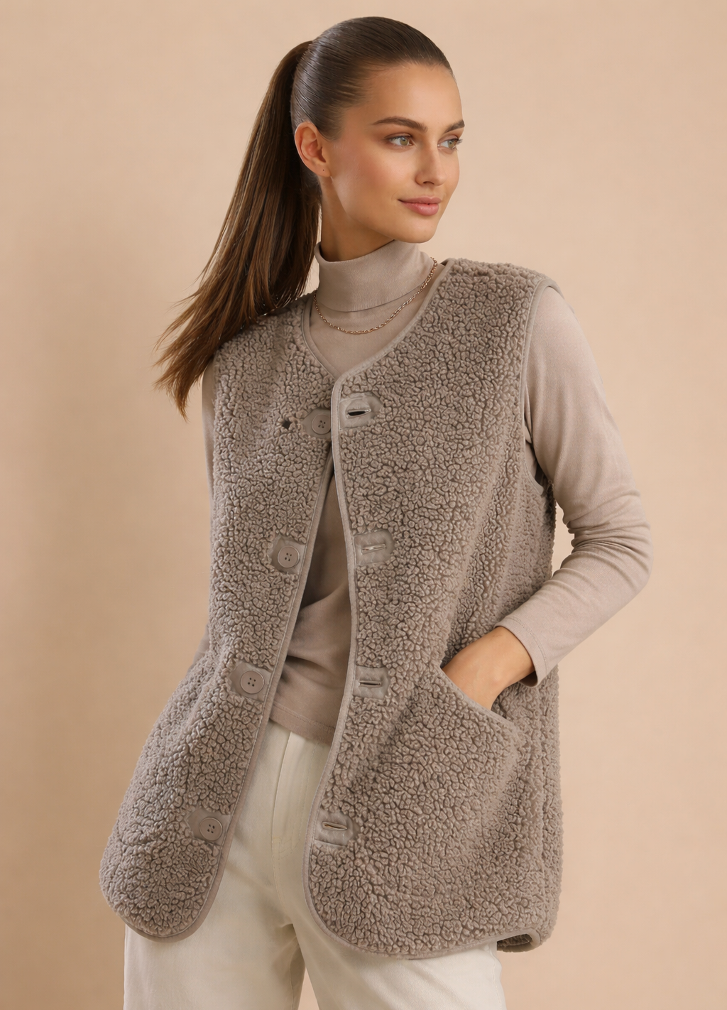 Vibonanza | Lang Taupe Dameswollen Gilet