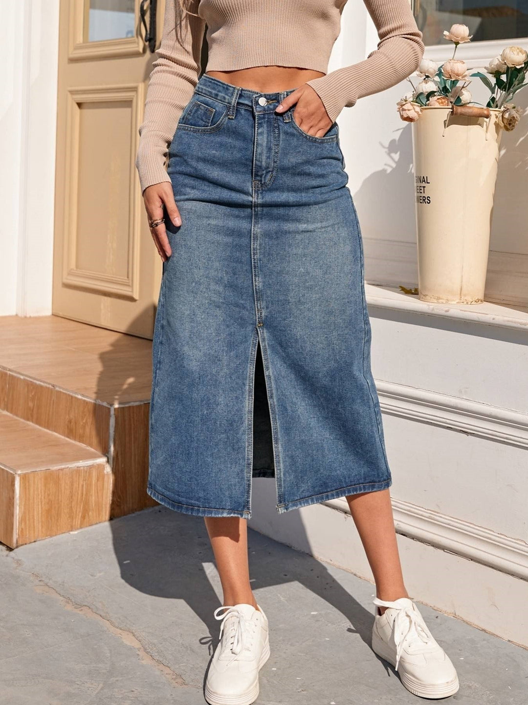 Vibonanza | Hoge Taille Denim Kokerrok met Split