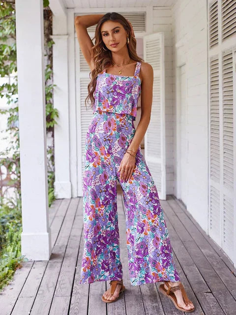 Vibonanza | Dames Zomerbloemen Jumpsuit met Wijde Pijpen