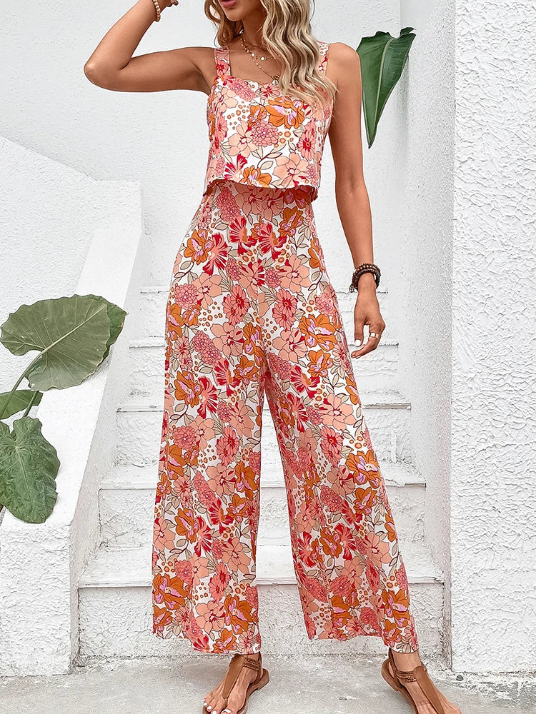 Vibonanza | Dames Zomerbloemen Jumpsuit met Wijde Pijpen