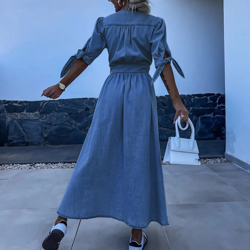Vibonanza | Dames Denim Zomerjurk V-hals met Split