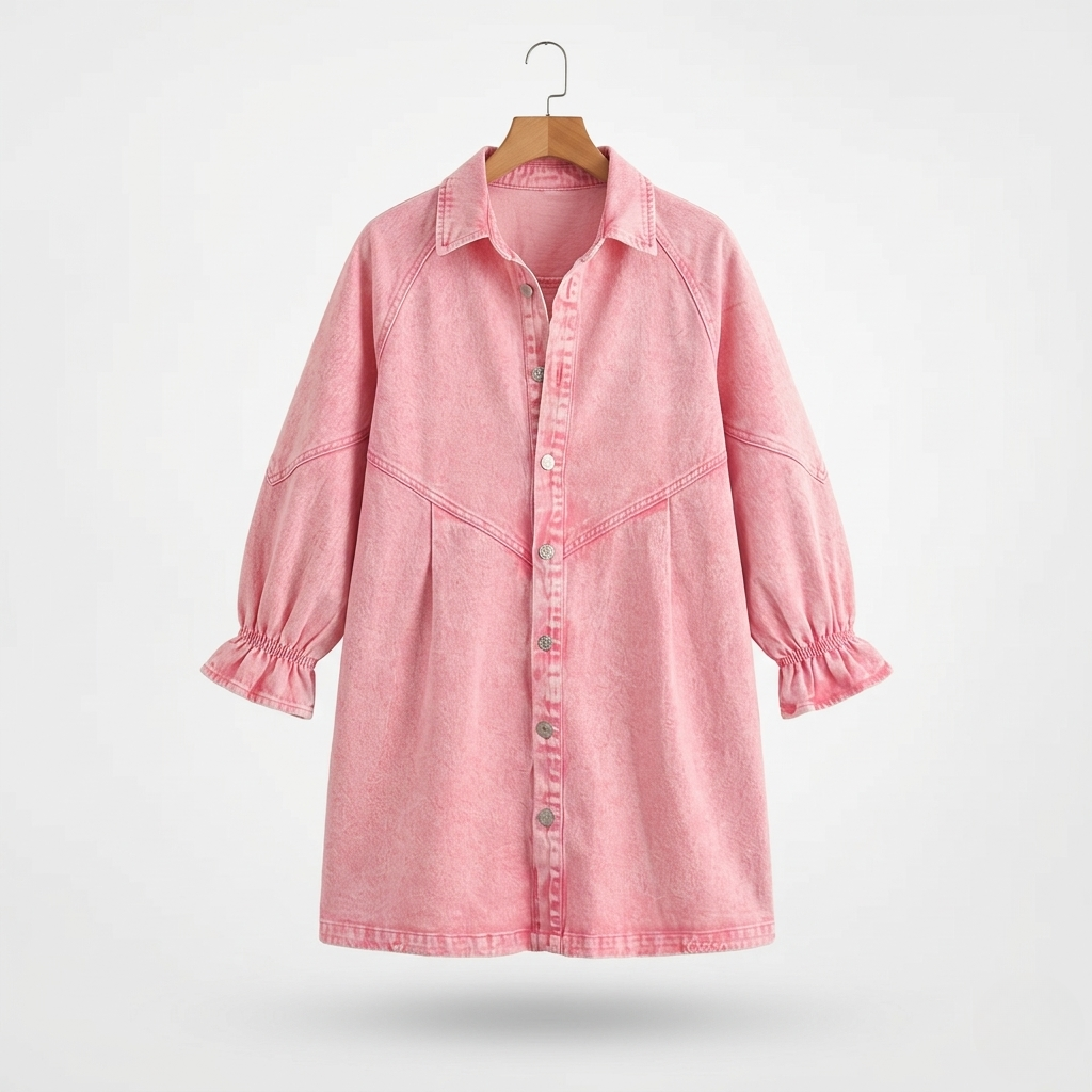 Vibonanza | Roze Denim Jurk met Lange Mouwen