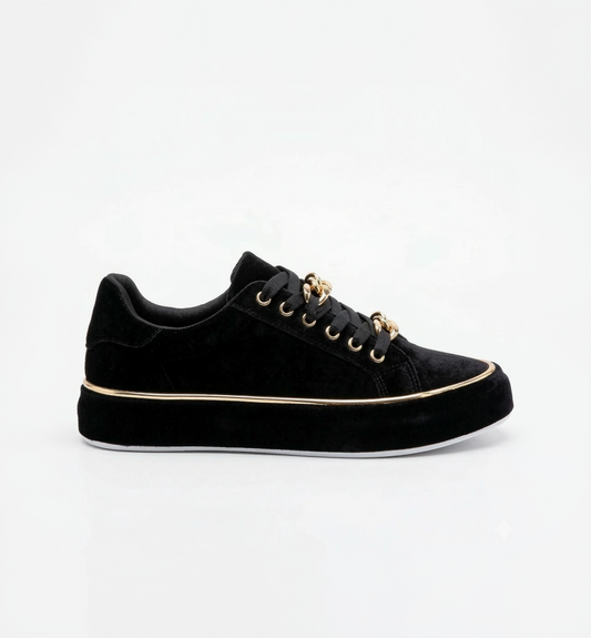 Dames Sneakers | Synthetisch Leer | Zwart Wit Goud | Gouden Accenten | Verstelbare Vetersluiting | Comfortzool