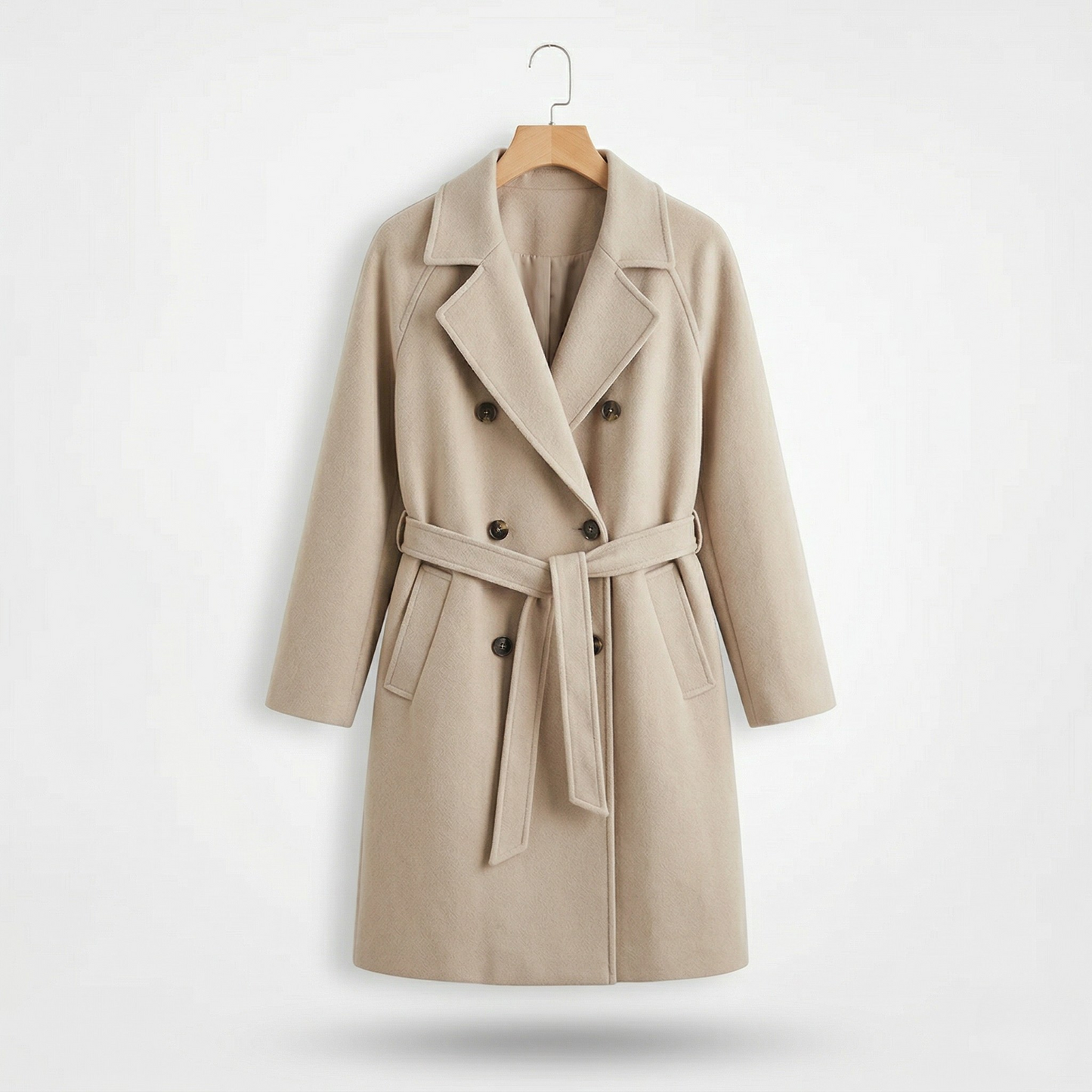Vibonanza | Lange Wollen Trenchcoat Beige Met Ceintuur