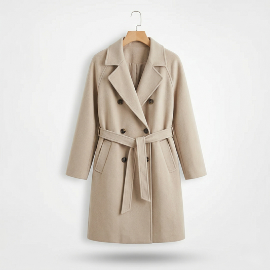 Vibonanza | Lange Wollen Trenchcoat Beige Met Ceintuur