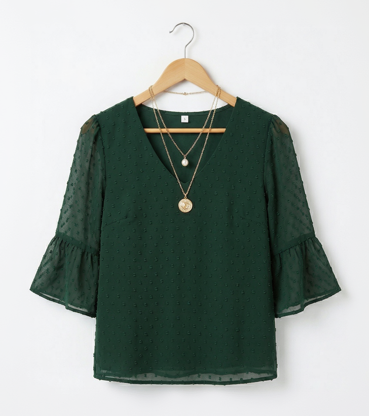 Vibonanza | Donkergroene Damesblouse V-hals Bell Mouwen