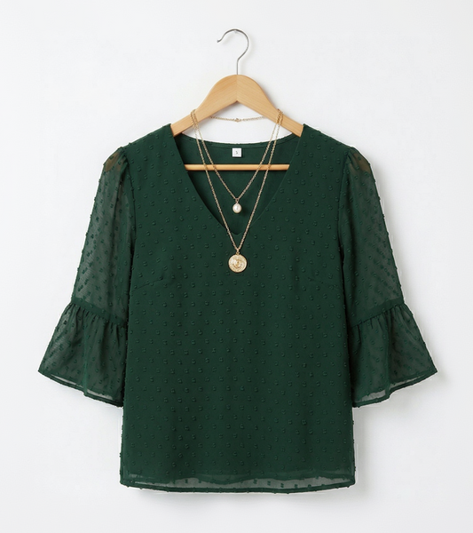 Vibonanza | Donkergroene Damesblouse V-hals Bell Mouwen