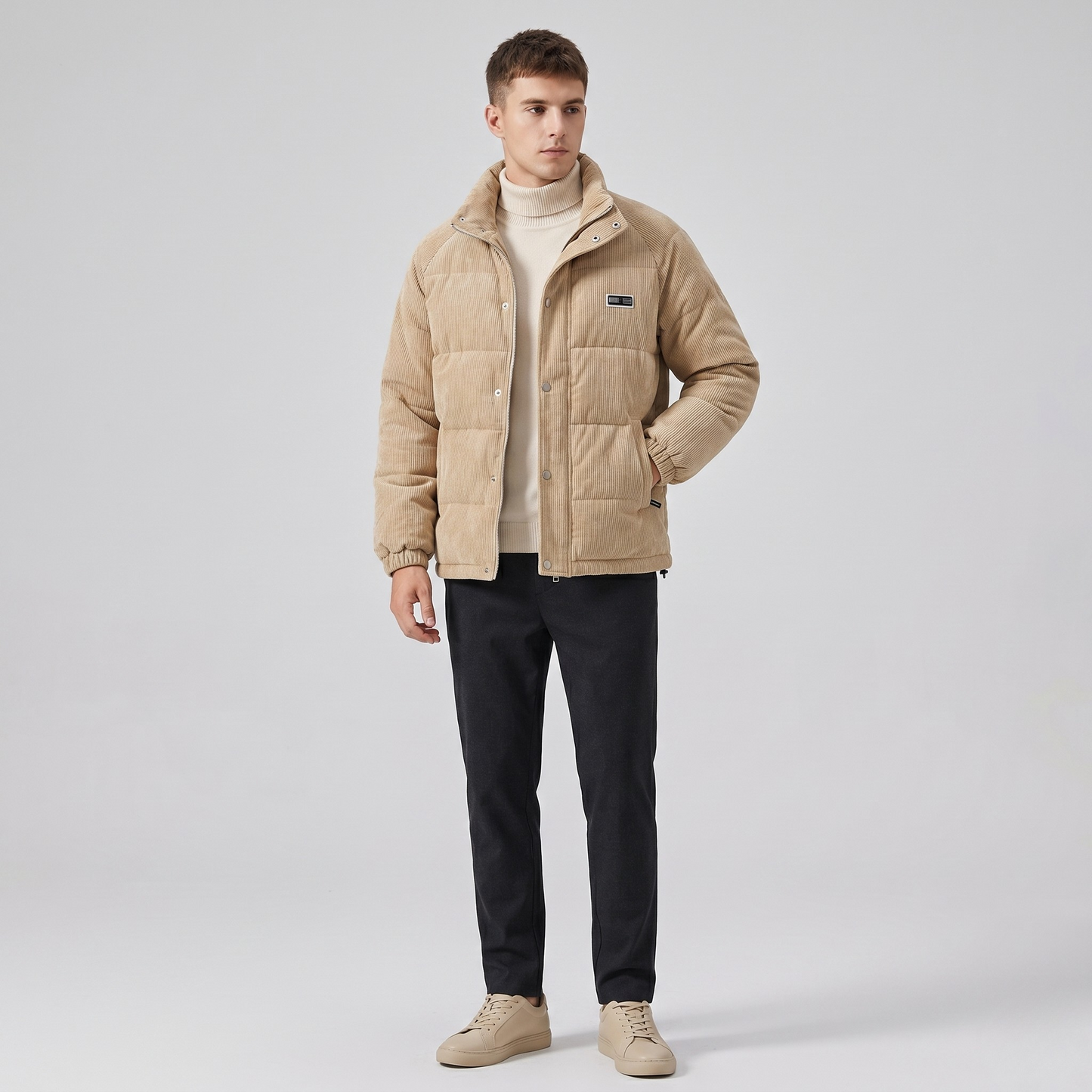 Vibonanza | Beige Corduroy Pufferjas Met Hoge Kraag