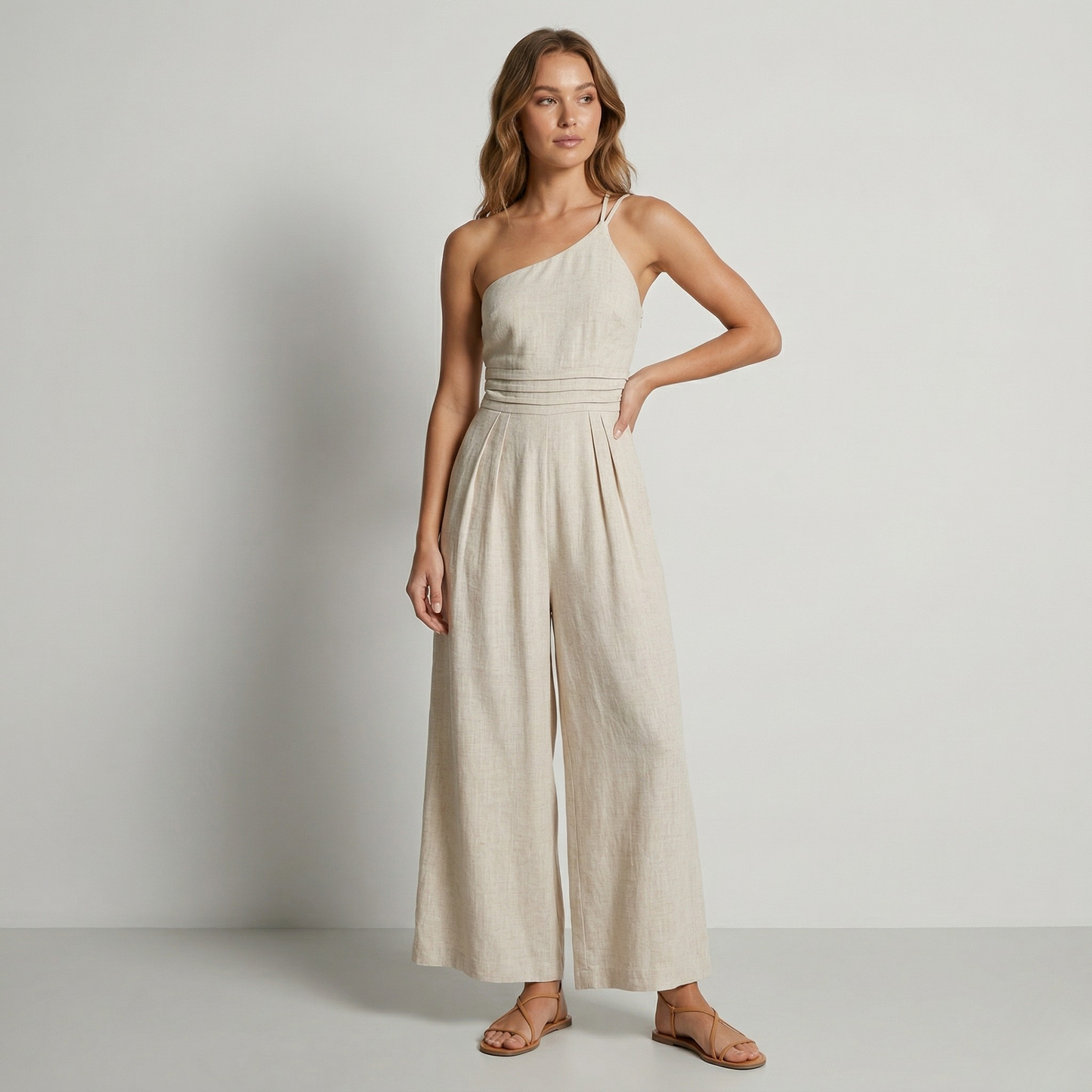 Vibonanza | Elegante Linnen Katoenen One-Shoulder Jumpsuit