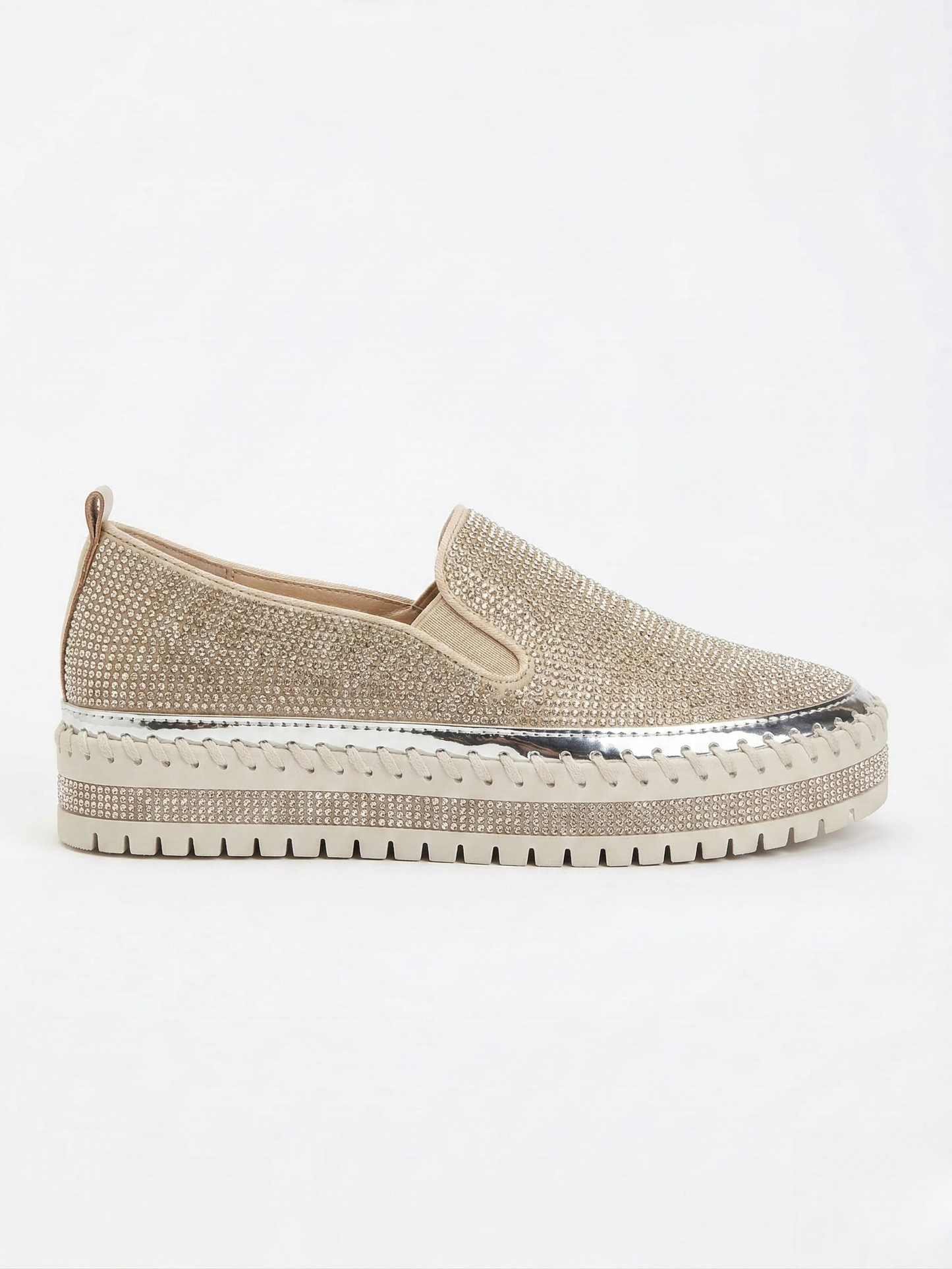 Vibonanza | Beige Dames Instappers met Rhinestone en Platform Zool