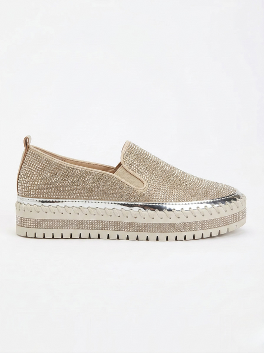 Vibonanza | Beige Dames Instappers met Rhinestone en Platform Zool
