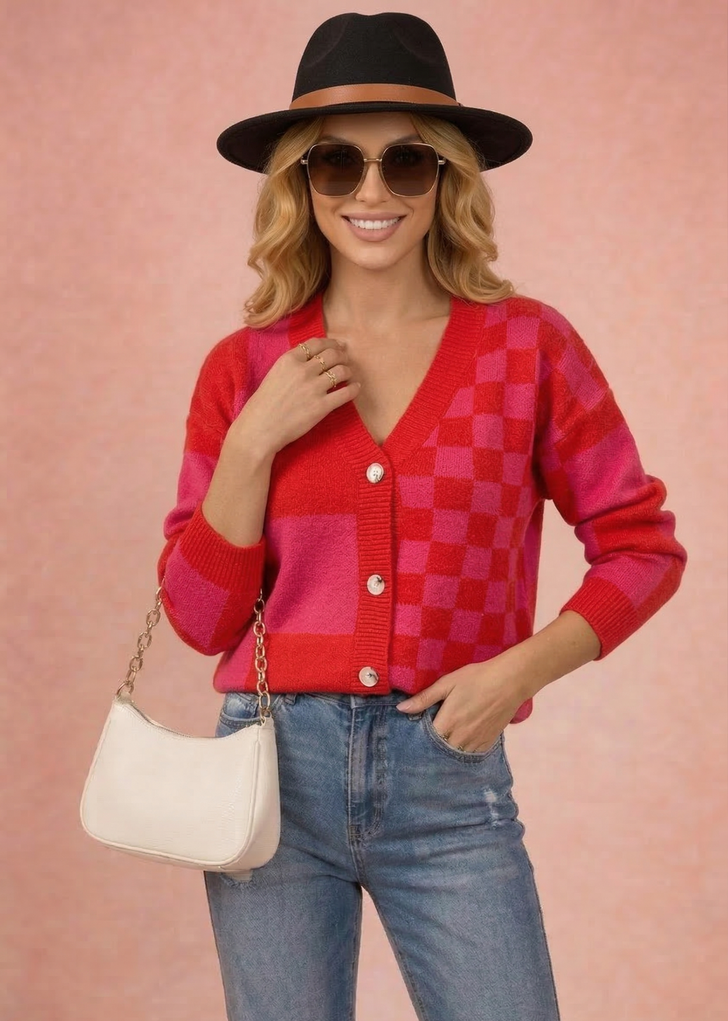 Vibonanza | Dames Cardigan Rood/roze V-hals Oversized