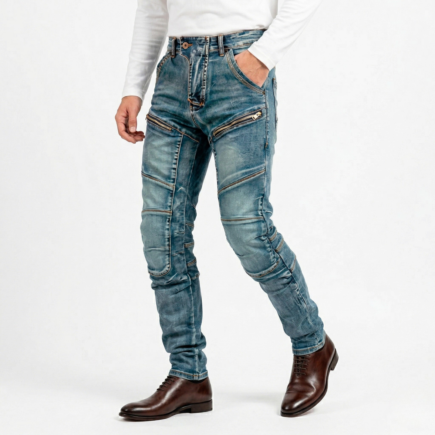 Vibonanza | Heren Stretch Jeans Slim Fit Vintage Moto Stijl