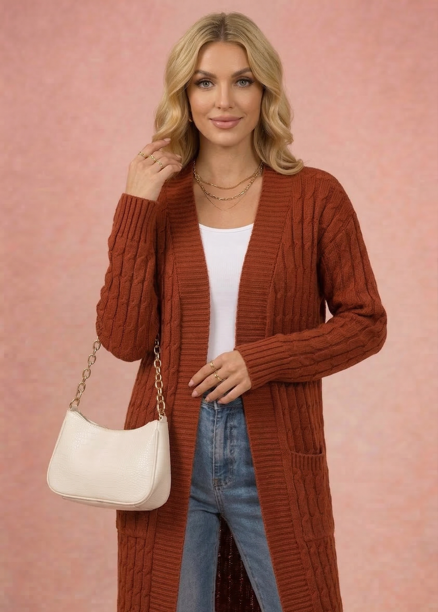 Vibonanza | Dames Lange Bruine Kabelpatroon Cardigan