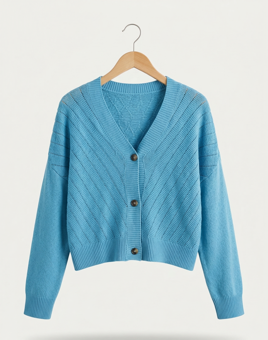 Vibonanza | Blauwe Dames Cardigan Met V-hals en Drie Knopen