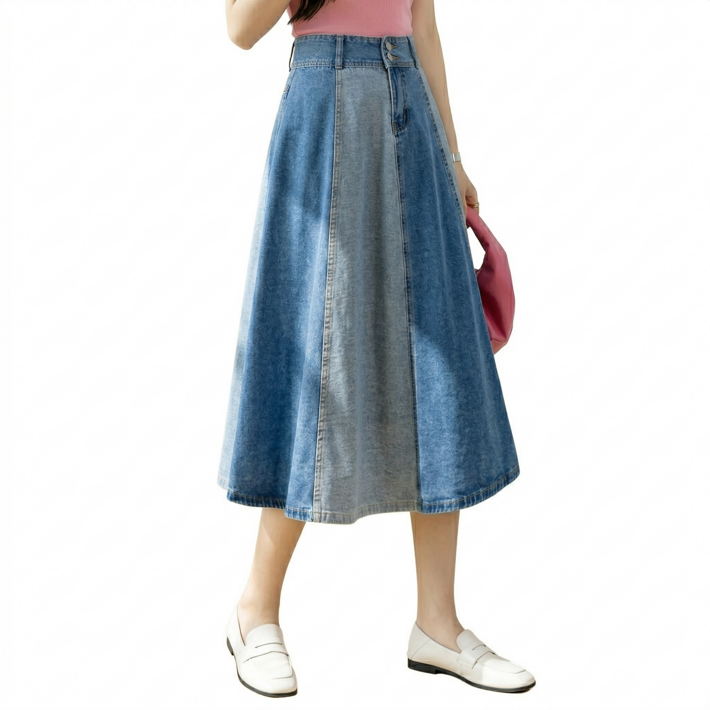 Vibonanza | Denim Kleurblok Midi Rok Hoge Taille