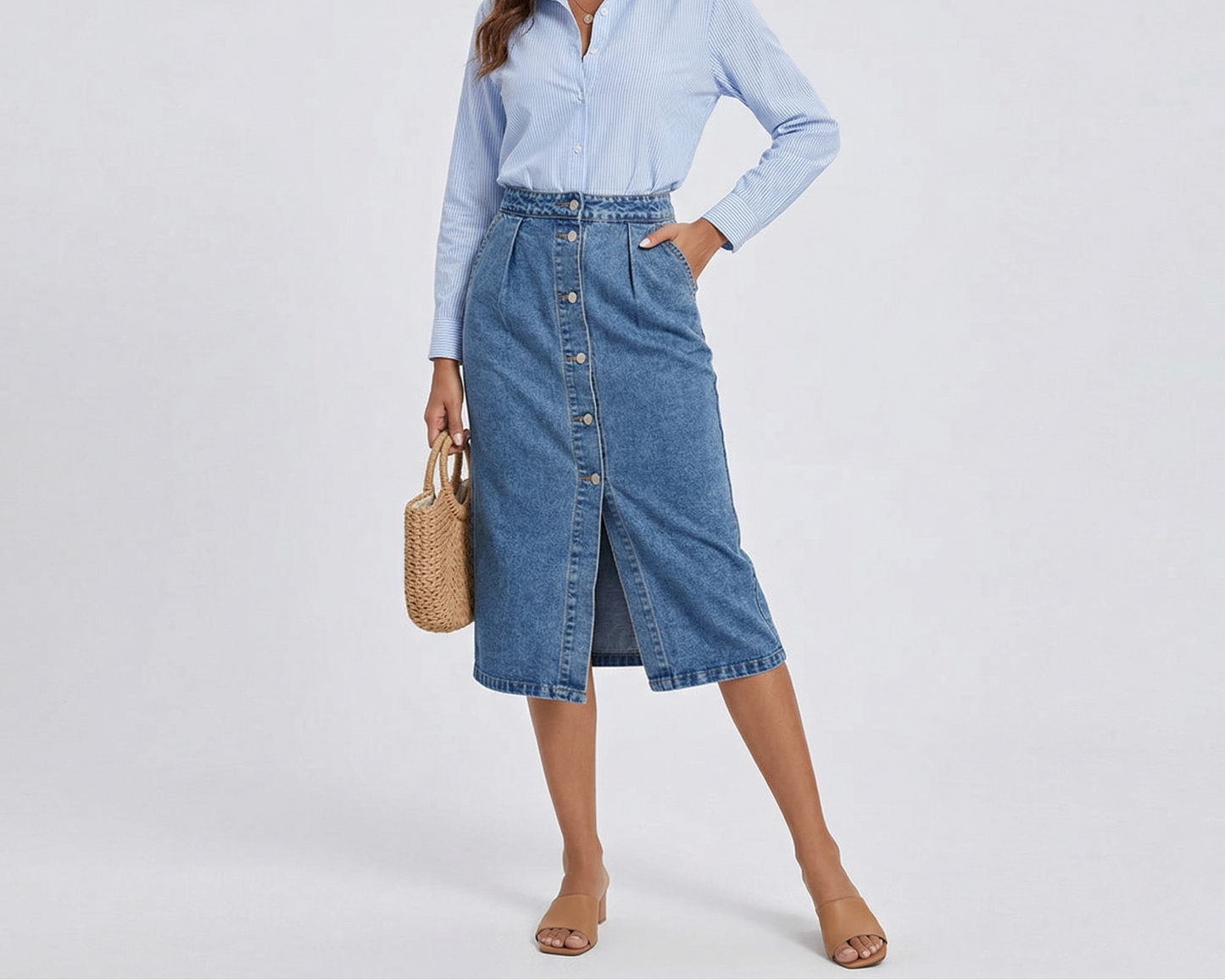 Vibonanza | Denim Midi Rok Dames Met Knopen en Split