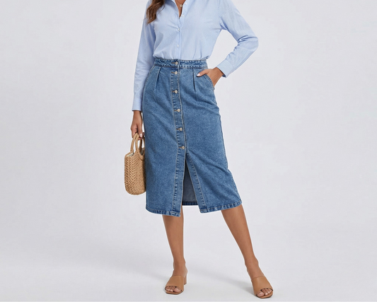 Vibonanza | Denim Midi Rok Dames Met Knopen en Split