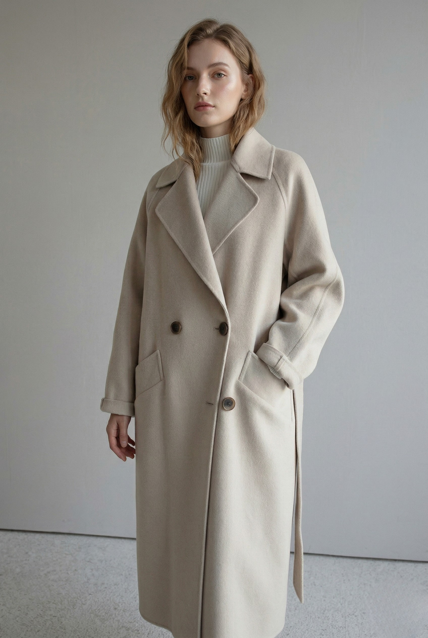 Vibonanza | Lange Wollen Trenchcoat Beige Met Ceintuur