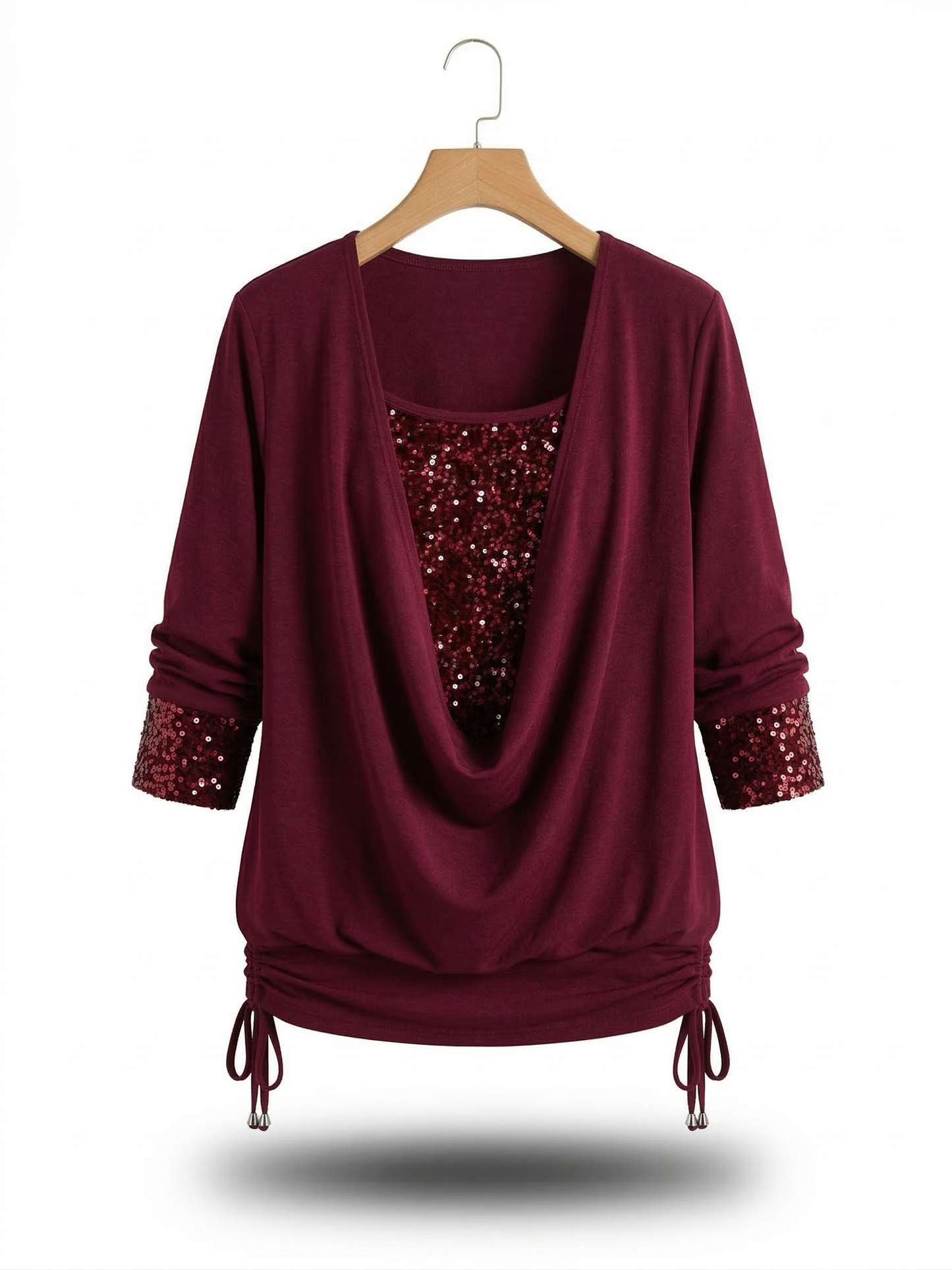 Vibonanza | Bourgondische Pailletten Top Met Driekwart Mouw