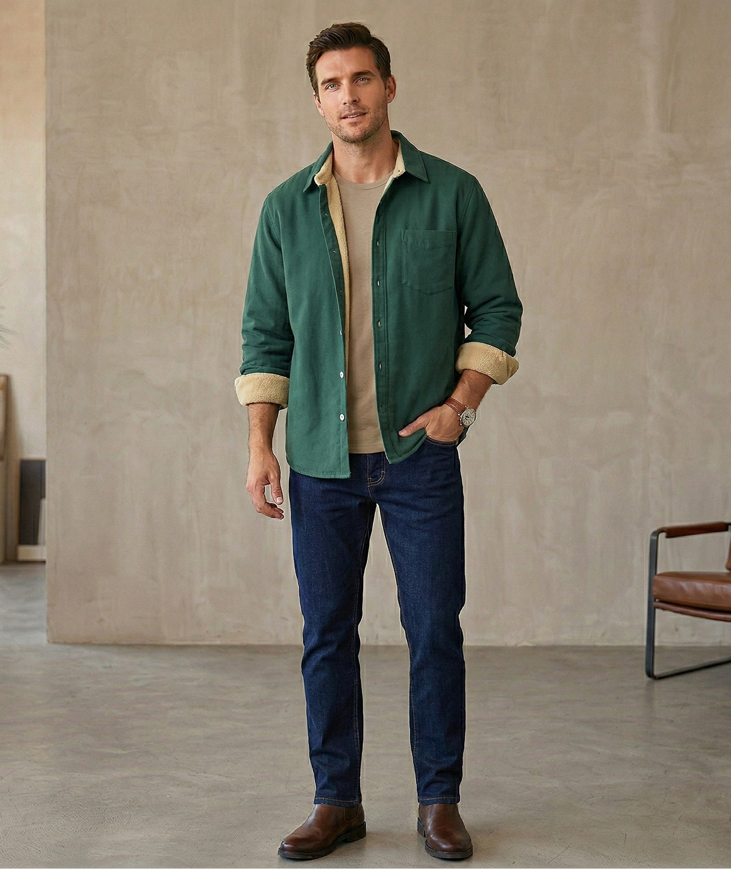 Vibonanza | Heren Fleece Voering Overhemd Groen