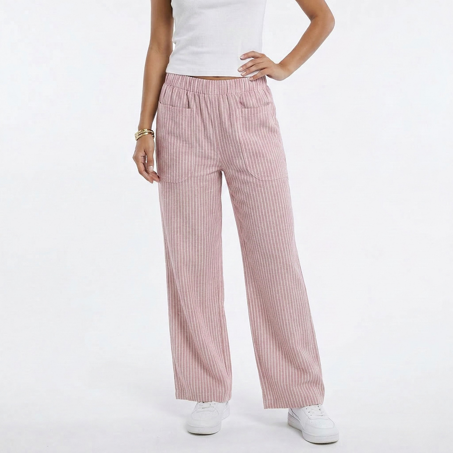 Vibonanza | Dames Gestreepte Wijde Broek met Elastische Tailleband