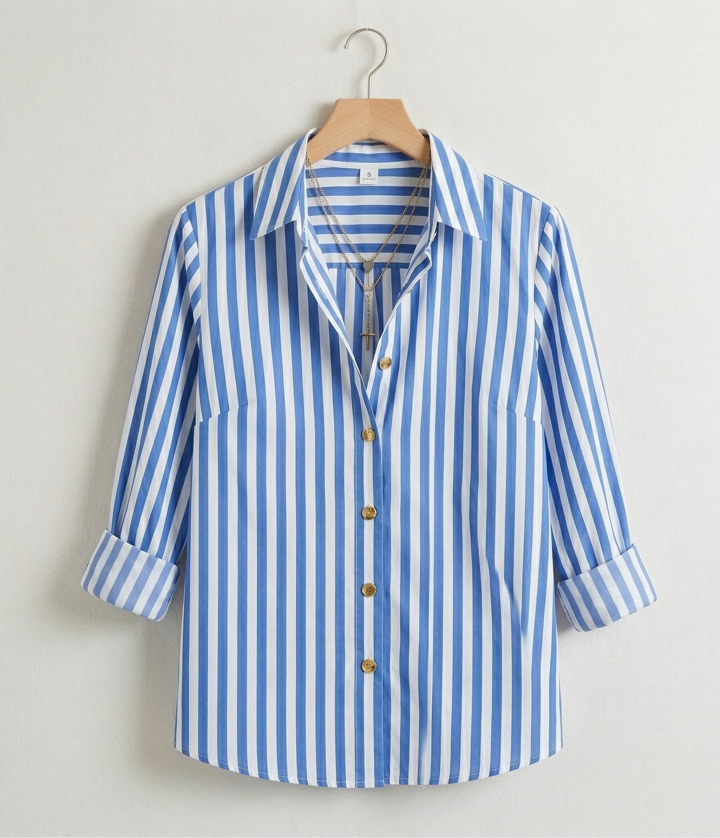 Vibonanza | Damesblouse Lange Mouw Blauw-Wit Streepjes