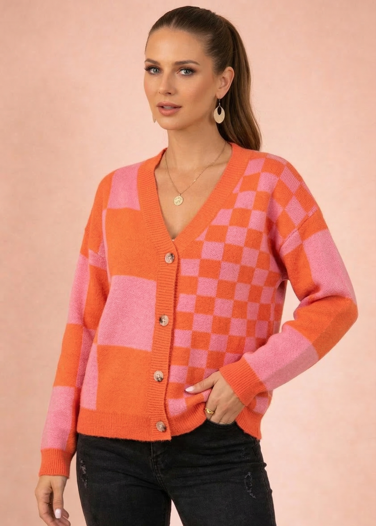 Vibonanza | Warme Damescardigan Oranje/roze Print