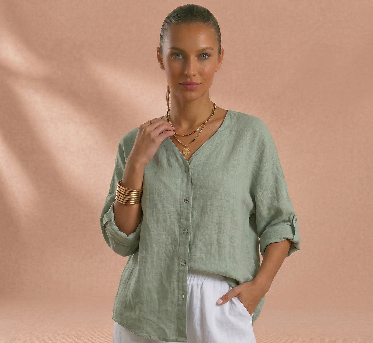 Vibonanza | Damesblouse Korte Mouw V-Hals Linnen Look