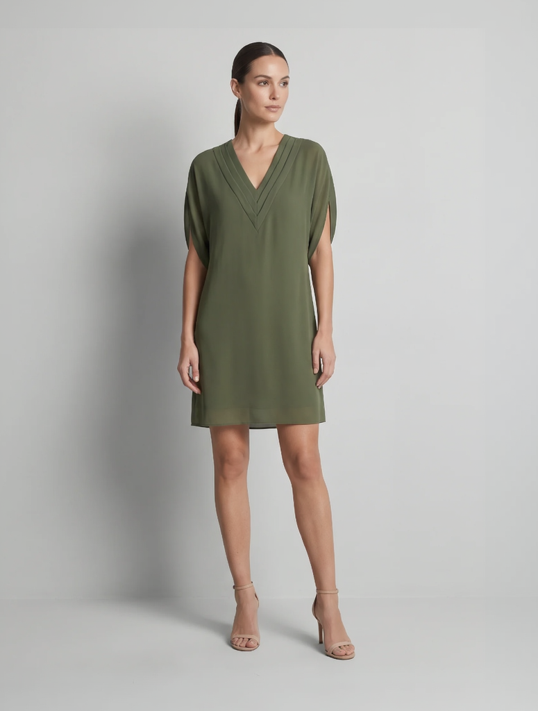 Vibonanza | Elegante Olijfgroene Korte Mouw Jurk