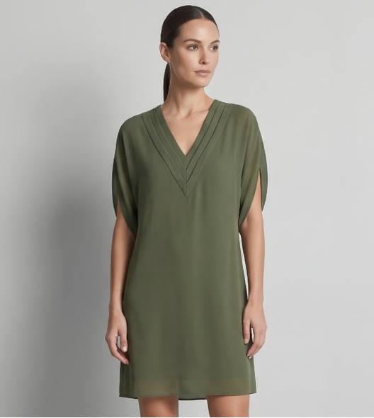 Vibonanza | Elegante Olijfgroene Korte Mouw Jurk