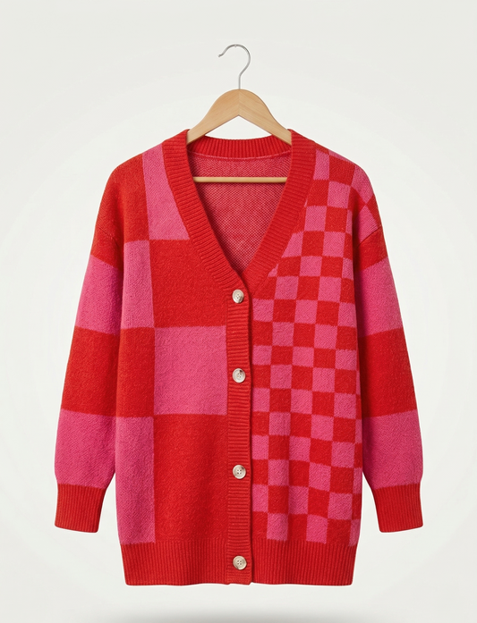 Vibonanza | Dames Cardigan Rood/roze V-hals Oversized